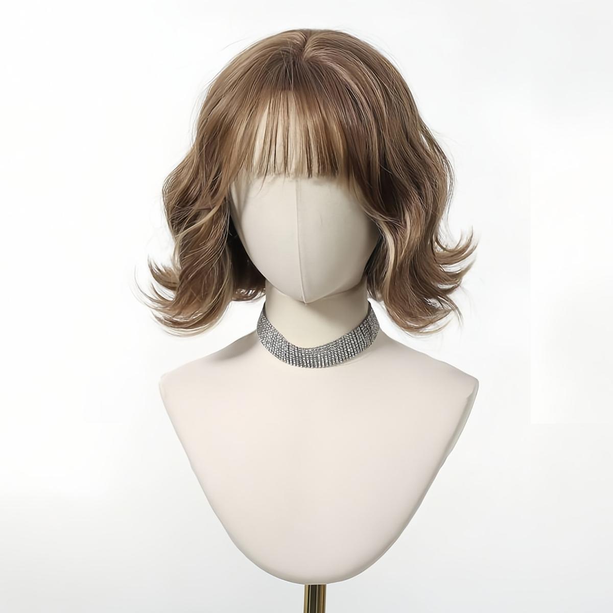 

Brown Highlight Wavy Curly Wig with Bangs Natural Hairline High Quality Hair Seam Glossy Synthetic Fashion Daily