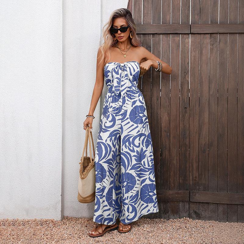 

TIFICY Women s Fashion Casual Summer Spring Flower Pattern Print Sleeveless High Waist Trousers Jumpsuits & Rompers S синий