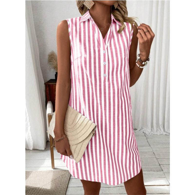 Ein ärmelloses V-Ausschnitt Hemdkleid mit Knopfleiste und Streifen für eine modische, lockere und lässige Frau