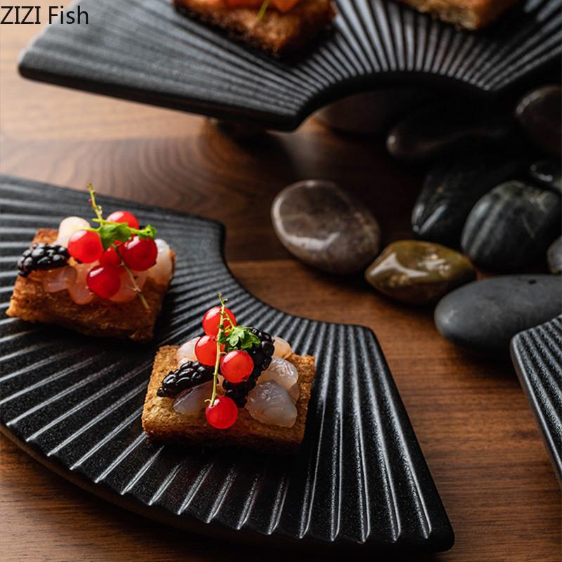 Fan-shaped Striped Plate Restaurant Creative Sushi Plate Afternoon Tea Cake Dessert Decor Plate Home Breakfast Ceramic Tableware