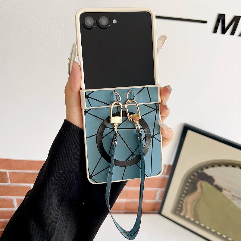 For Samsung Galaxy Z Flip 8 7E 7 6 5 4 Geometric Prism Magnetic Phone Case With Wrist Strap Hinge Protection Shockproof Cover