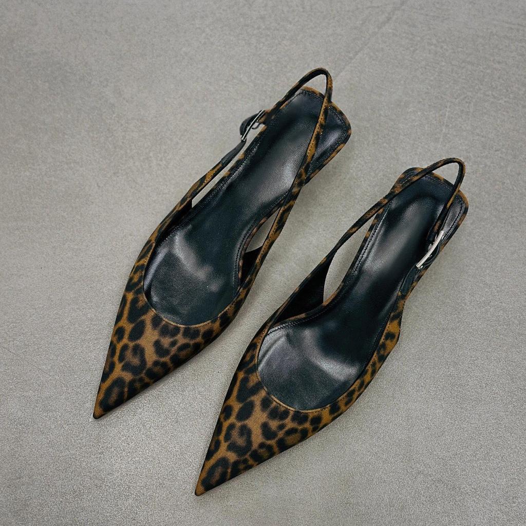 Sheepskin Version~ French Leather Cat Heel High Heels Women's New Pointed Leopard Print Shoes High Heel Sandals Muller Cool Slippers