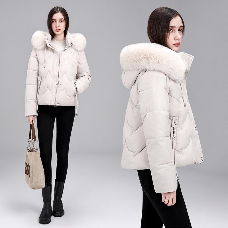 New European off-sleeve removable cotton clothes for women's short winter thickened large fur collar slim jacket for women's cotton clothes