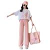 Summer Spring Teenager Clothes Children Set Loose Bear Short White T-shirt + Straight Pant Suit Tracksuit 5 To 12 Year
