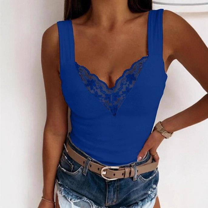 Европейский и американский бестселлер: Модная Повседневная Кружевная Майка Large синий