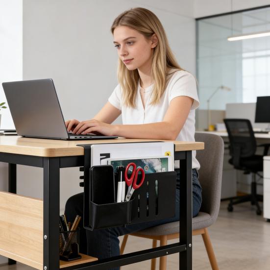 Desk Side Organizer with Magnetic Pen Holder Heavy Duty Carbon Steel No Drill Home Office Table Side Laptop Computer Notebook Holder Storage Rack