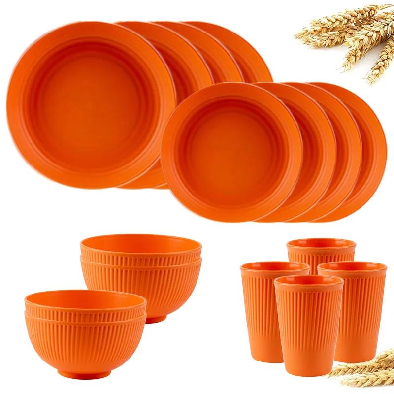 16Pcs Wheat Straw Dinnerware Set Eco Friendly Tableware Unbreakable Kitchen Cutlery Dishes Eating Cutlery Camping Service for 4