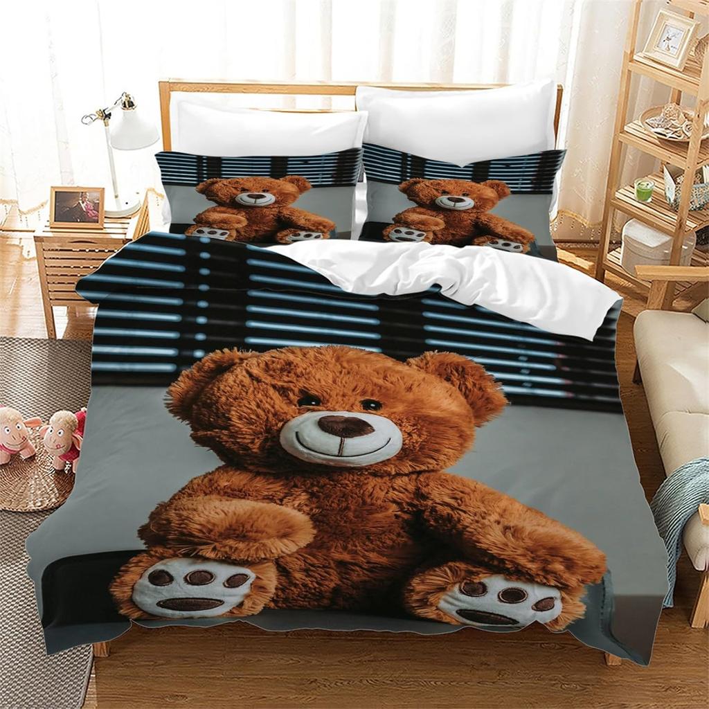 Bettwäsche-Set mit Teddybär, 3D-Digitaldruck, Tiermotive, Wildtiere, Bettbezug, 2-teiliges Set, Steppdeckenbezug, Universell für alle Jahreszeiten