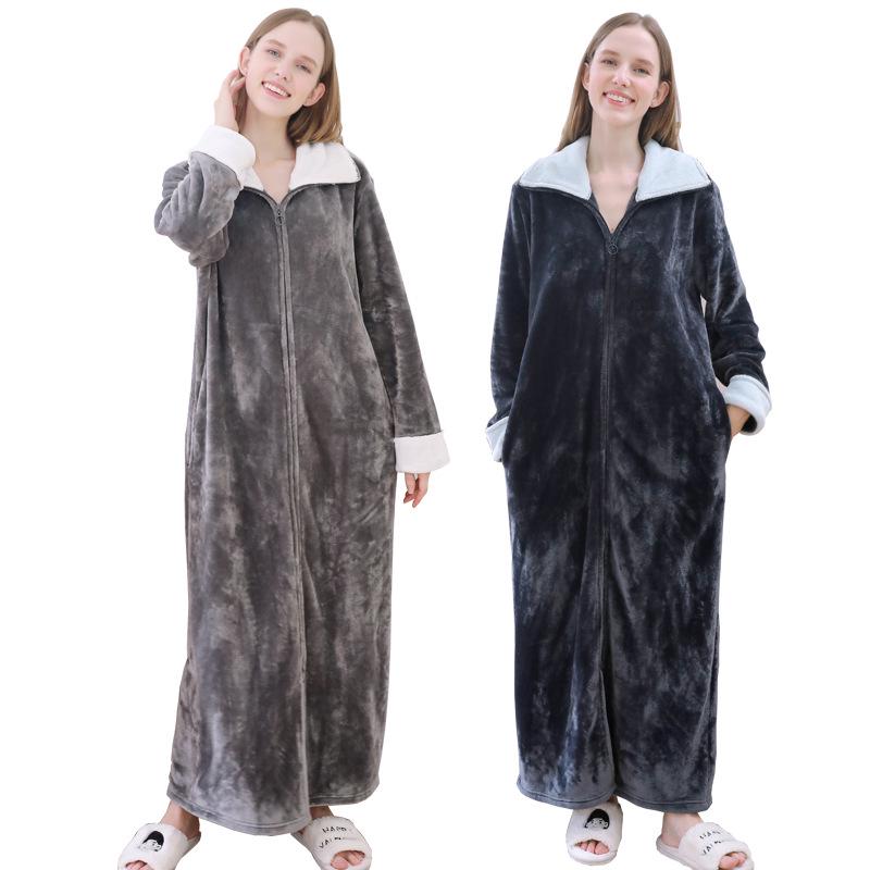 Women's Plus Size Long Nightgown - Double Zipper, Autumn/Winter Pajamas, Home Wear Robe