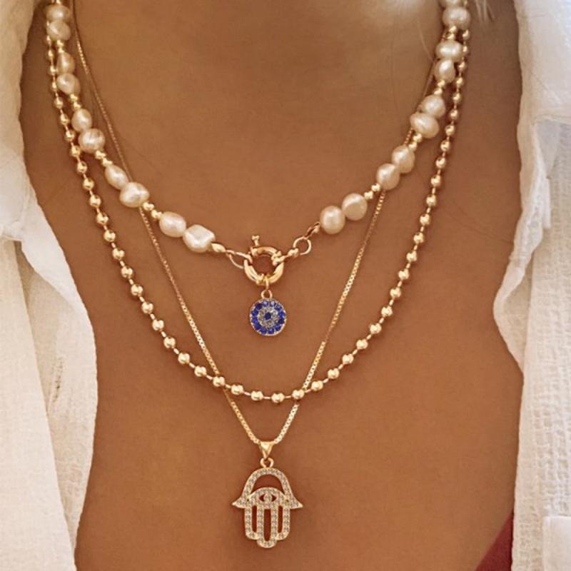 Classic Turkish Evil Eye Pendant Necklace for Women Men Vintage Lucky Blue Eyes Palm Sun Multilayer Neck Chain Choker Jewelry