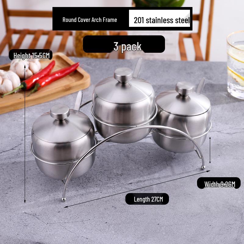 Gold Korean-Style Seasoning Jars, 201 Stainless Steel with Glass Lids On Tray, for Restaurant Use.