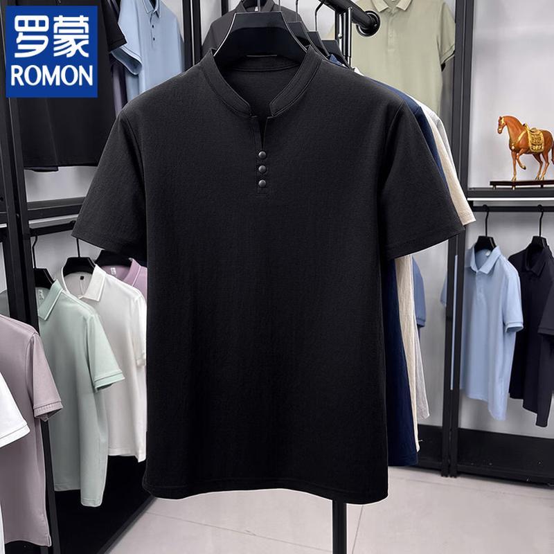 ROMON Men's Henley Collar Breathable Linen Blend Short Sleeve T-Shirt