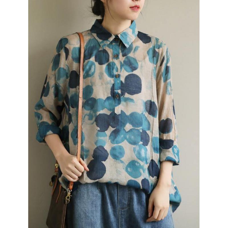 1116 autumn women's lapel cotton and linen large size loose long-sleeved buttons, women's pullover printing, pure cotton shirt