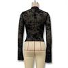 Fashion Women See Through Lace Black Sheer Shirt Mesh Top Elegant Floral Long Flared Long Sleeve V Neck Tie Blouse Trim Y2K Casual Party Clothing