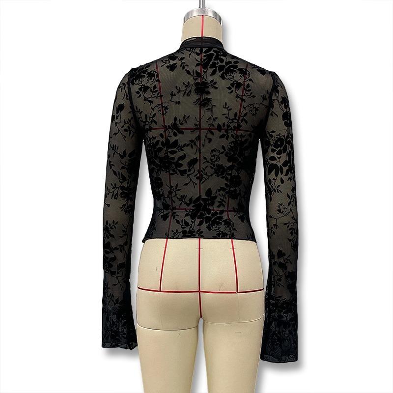 Fashion Women See Through Lace Black Sheer Shirt Mesh Top Elegant Floral Long Flared Long Sleeve V Neck Tie Blouse Trim Y2K Casual Party Clothing