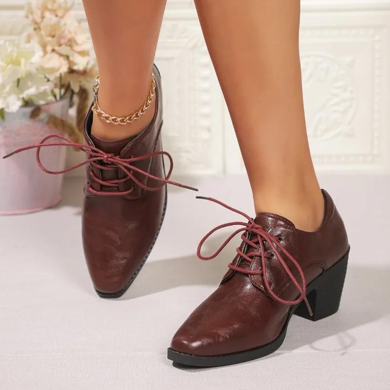 Fashion Spring New Coarse Heel Shoes Women's Fashion Pointed Head Deep Mouth Front Lacing Non-slip Soft Sole Low Top Shoes
