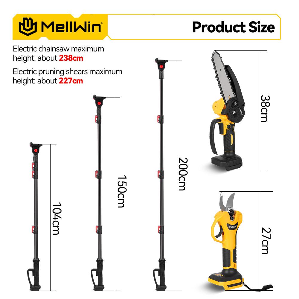 MELLWIN Perche télescopique 200cm Électrique sans balais Tronçonneuse 6 pouces Cisailles pour hautes branches Outil de jardinage pour batterie 18V 21V