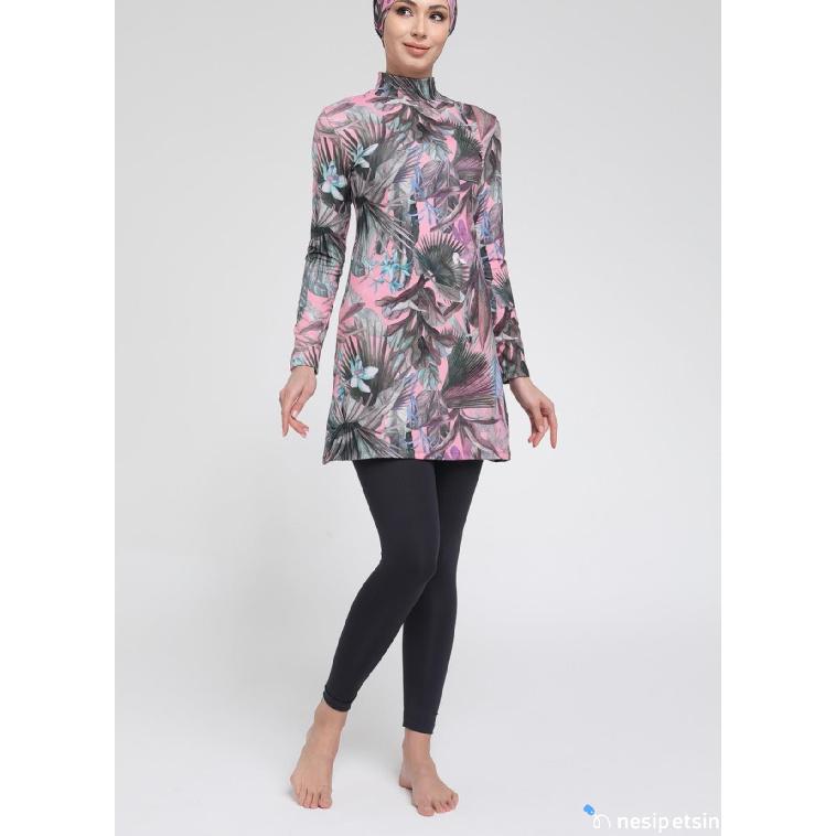 Neuer 2-teiliger muslimischer Damenbadeanzug mit vollständiger Bedeckung, Burkini-Oberteil und Hosen-Set, modischer bedruckter Badeanzug für Damen, vollständiger muslimischer Damenbadeanzug, bescheiden