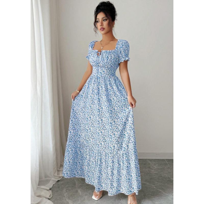 Ladies Floral Print Miniature Sleeve Waist-Cinching Maxi Hem Vacation Dress Elegant Sexy Commute Appropriate