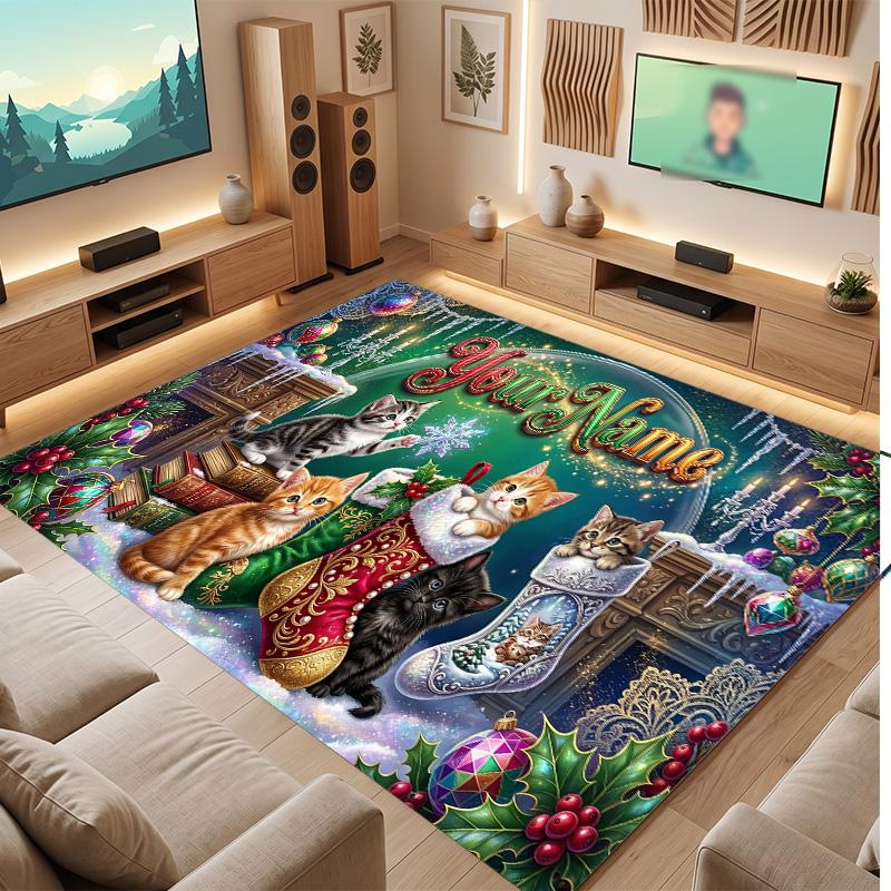 Christmas Theme Soft Crystal Velvet Rug Custom Name & Text Print Non Slip Floor Rug for Bedroom Living Room