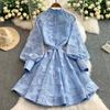 Women's Mandarin Collar Long Sleeve Midi Dress Slim Fit High Waist Elegant Floral Embroidered A Line Dress