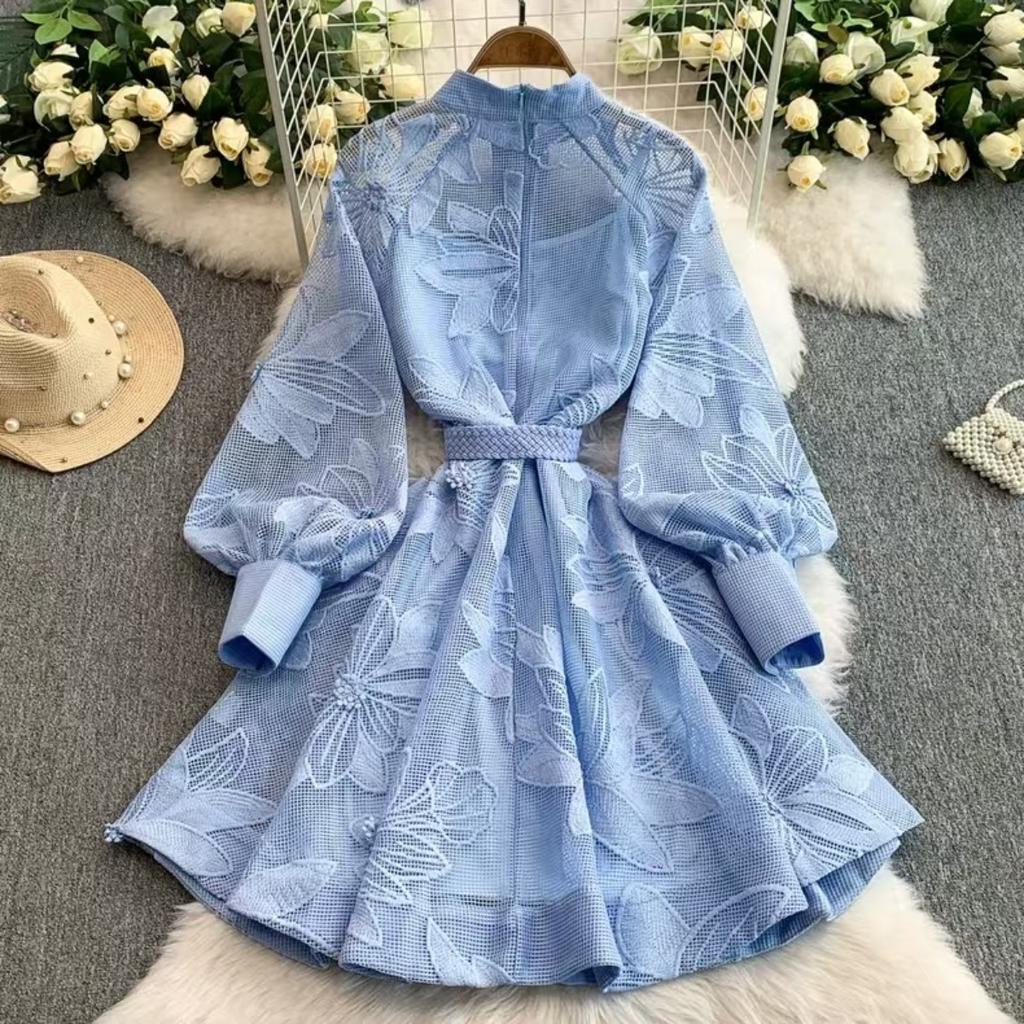 Women's Mandarin Collar Long Sleeve Midi Dress Slim Fit High Waist Elegant Floral Embroidered A Line Dress