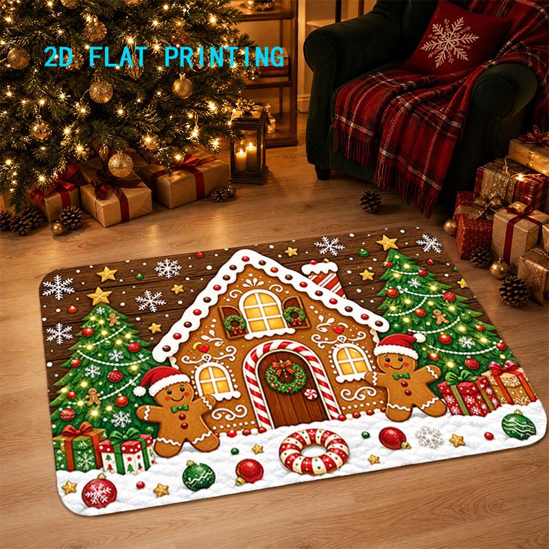 VIKAMA Christmas Gingerbread House Non-Slip Washable Door Rug Colorful Entryway Carpet for Living Room Balcony