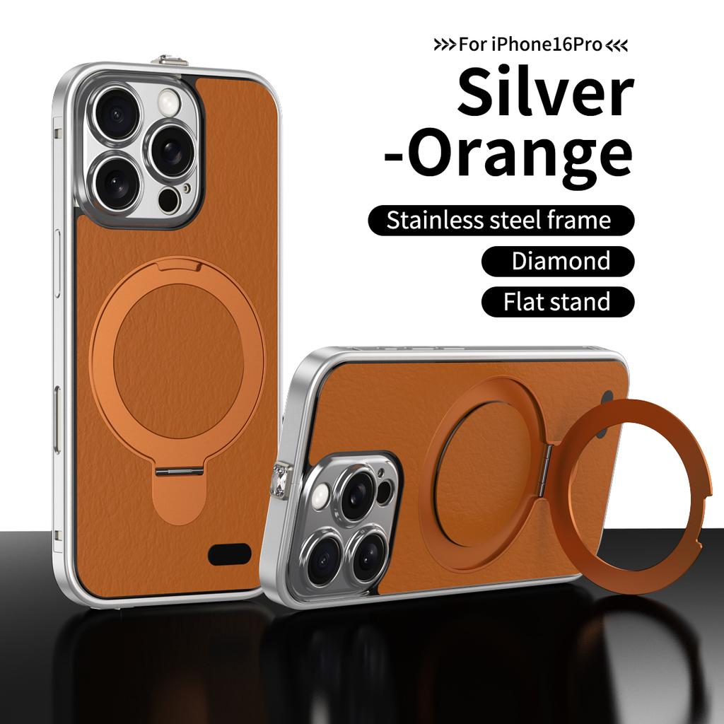 Luxury Aluminum Alloy Leather Magnetic Stand Phone Case For iPhone 16 15 Pro Max Magsafe Wireless Charging Metal Lens Frame Cover