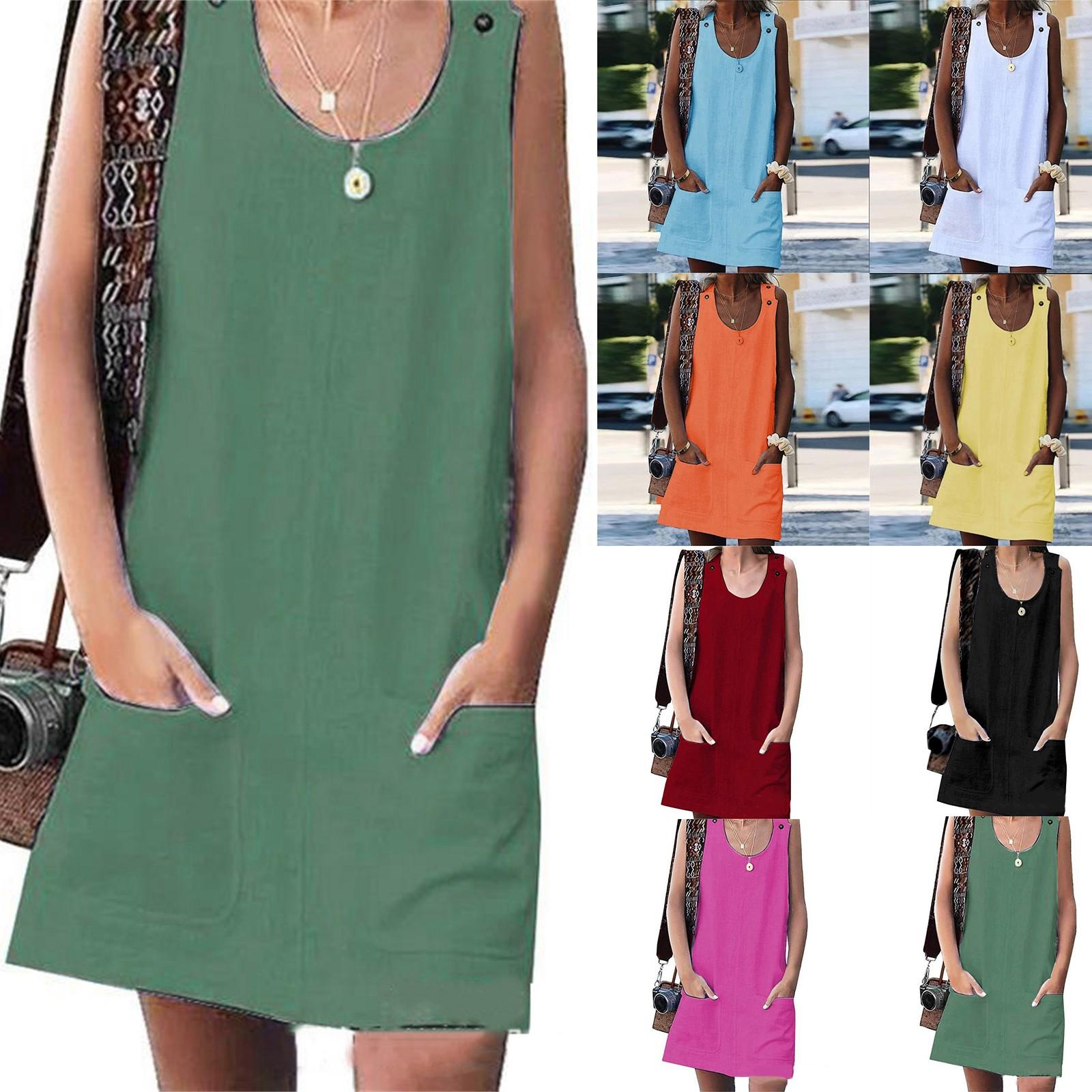 

Fashion Women s Sexy Pocket Cotton Linen Strappy Round Neck Dress XXXXXL