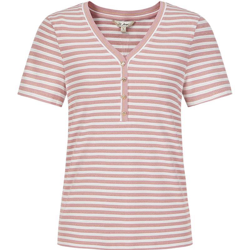 JUZUI 2025 Summer Striped V-Neck T-Shirt 3XL