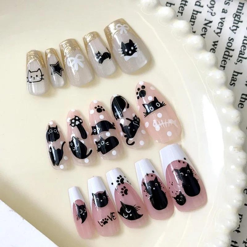 1-6pcs Black Cat Stickers Cute Cartoon Graffiti Cat Nail Stickers Art Self Adhesive Decals Heart Bowknot Stars Manicure Tools