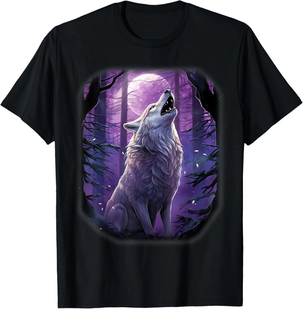 Wolf in the forest howling at the Moon Fantasy Art Wildlife T-Shirt