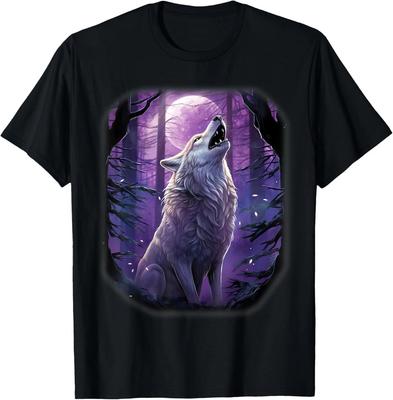 Wolf In the Forest Howling At the Moon Fantasy Art Wildlife T-Shirt