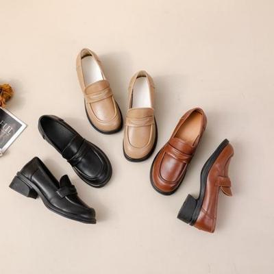 Mocasines de piel de vaca Zapatos de mujer Cuero genuino Parte superior baja Tacón grueso Tacón medio Suela blanda Punta redonda Cómodos y versátiles Casual Oficina