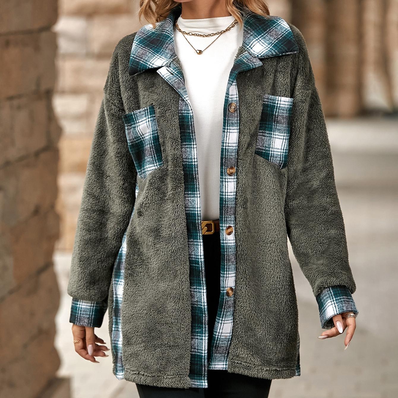 

GMXIA Мерцающее женское однобортное флисовое пальто средней длины с лацканами, сезон осень/зима M серый