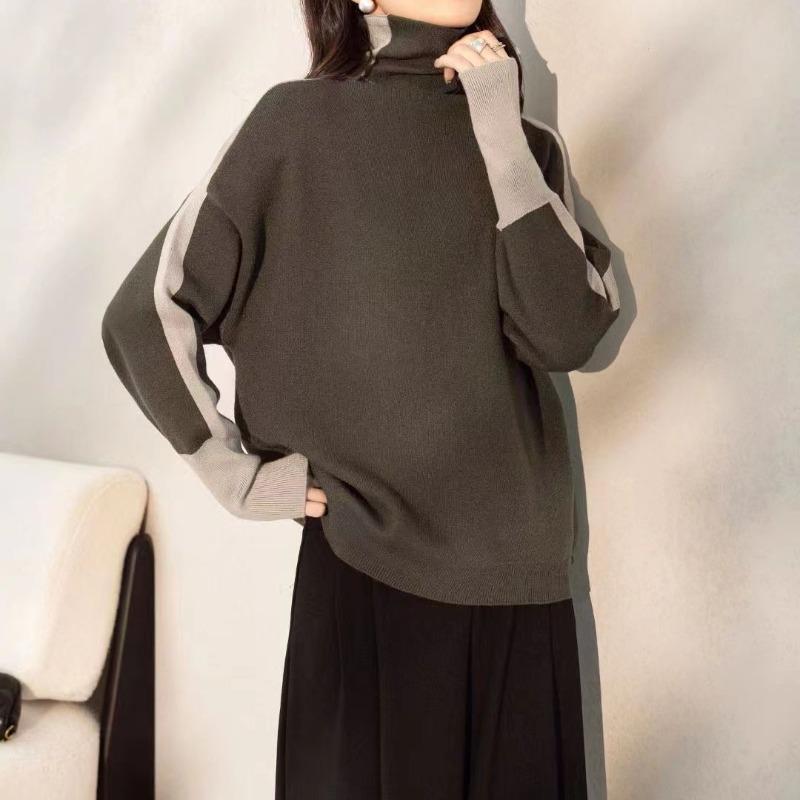 

Пуловер с высоким воротом, новый темпераментный простой базовый вязаный свитер с цветными вставками для осени и зимы, женский average size