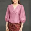 ZANZEA Women Casual V-Neck Solid Color Summer 3/4 Sleeve Blouse