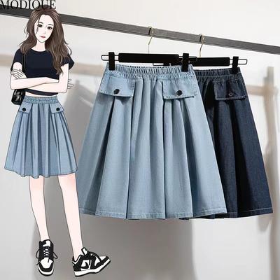 MODIQUE 2025 New Plus Size Summer Women's Elastic Cotton Washout Quarter Pants Blue Denim Pleated Skirt  Ladies Loose Casual Basic Shorts