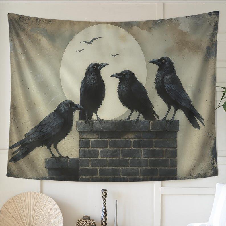 Raven Gothic Blackbird Moon Dark Academy Aesthetics Raven tapestry 75x100 чёрный