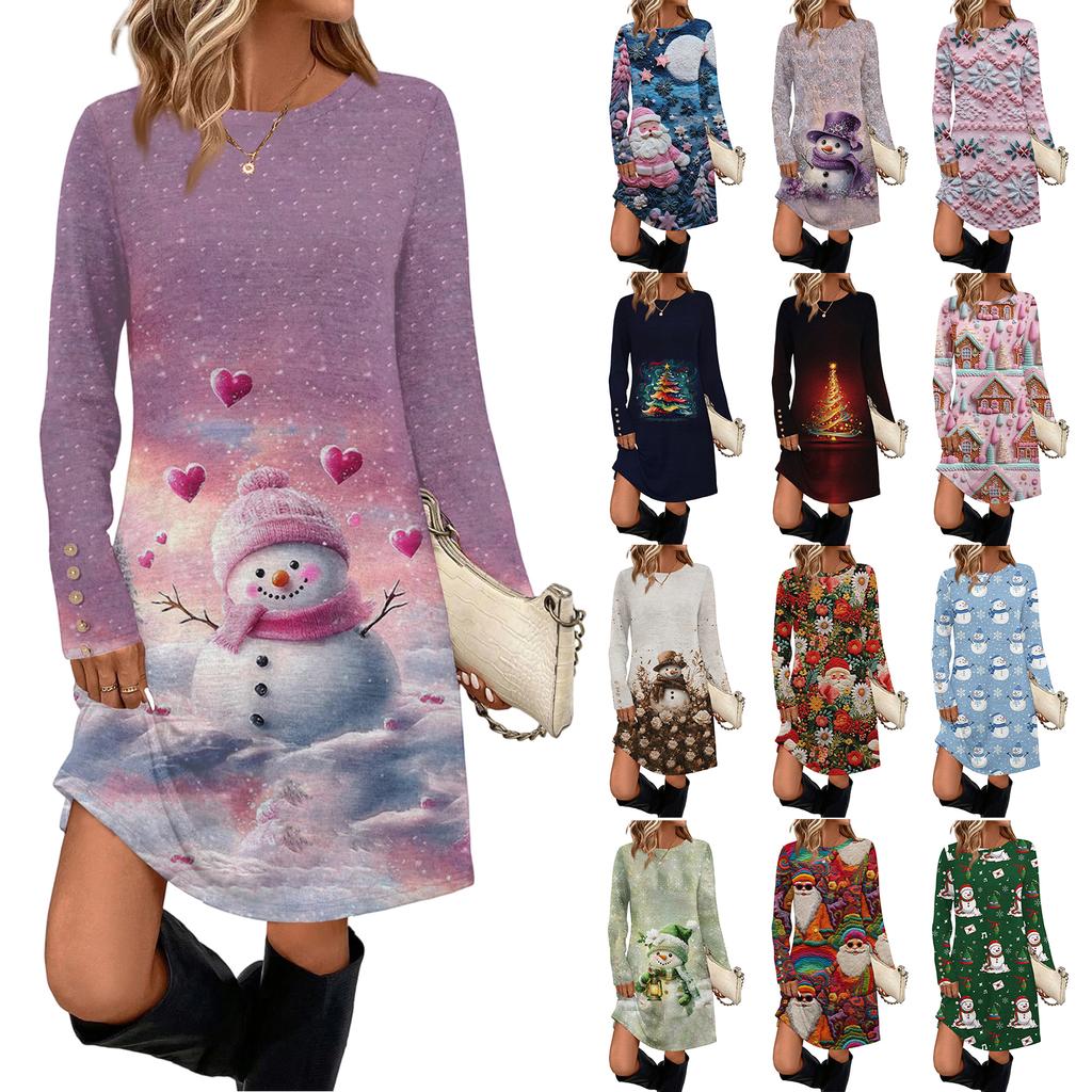 Women's Fashion Casual Dress With Pockets, Decorative Buttons, Christmas Prints, Round Neck And Long Sleeves