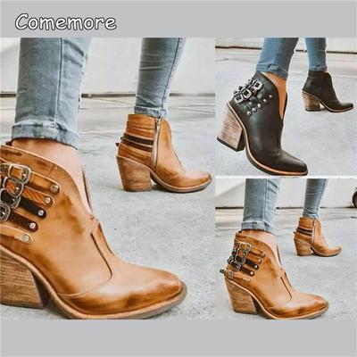 Fashion Comemore Punk Women Boots 2025 Female Autumn Winter Leather Cowboy Western Ankle Boot Buckle Women High Heel Booties Botas Mujer