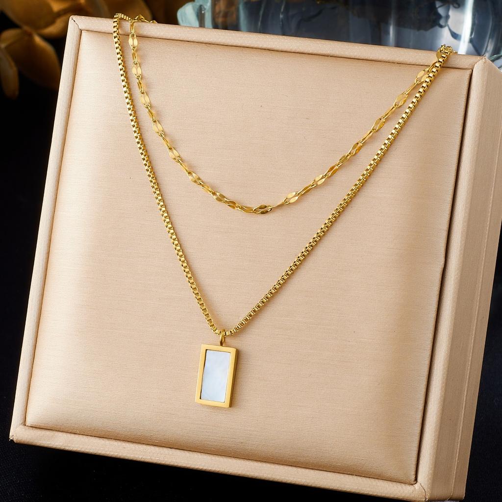 White Shell Inlay Rectangular Pendant Double-Layer Necklace Lady 316L Stainless Steel Simple Temperament Neck Chain