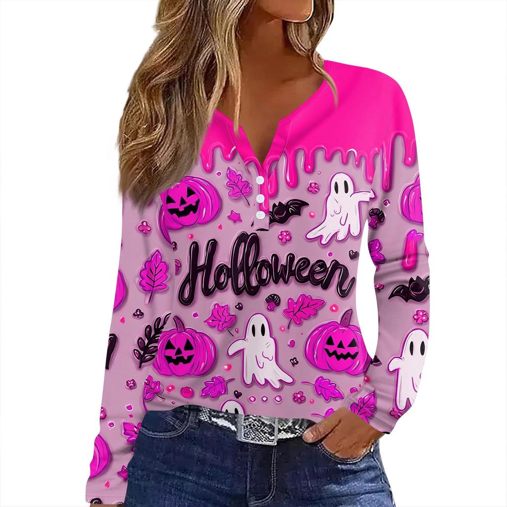 Dámské tričko s potiskem Halloweenu, knoflíky, dlouhý rukáv, denní, víkendová móda, základní, výstřih do V, běžný top