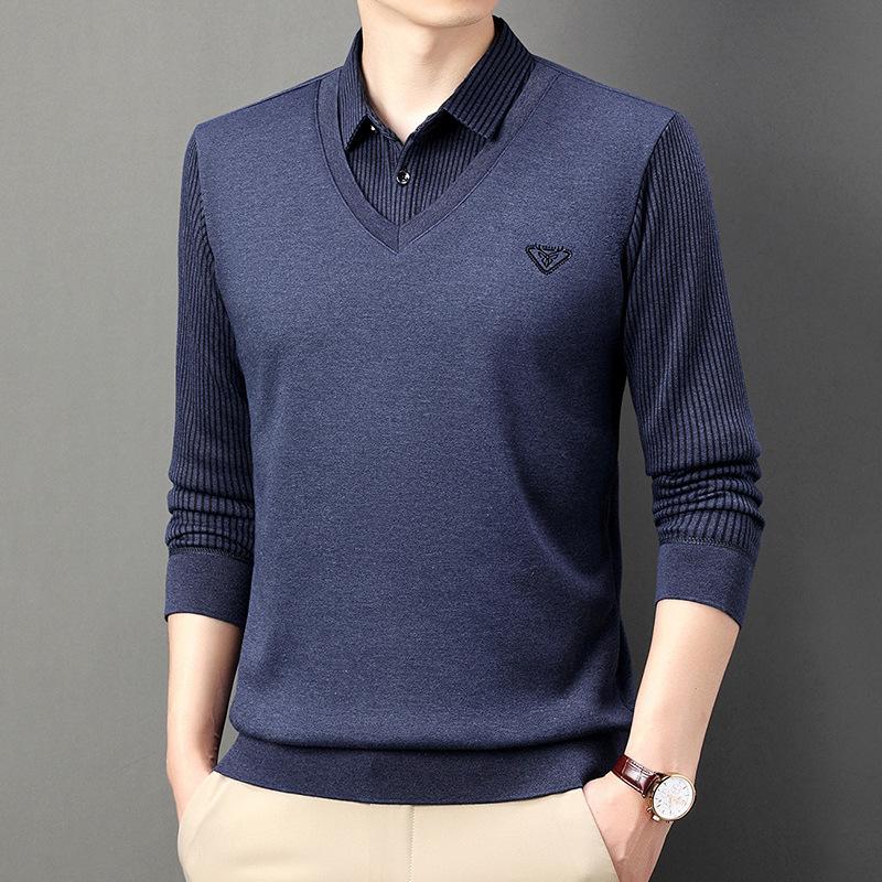Autumn Fake Two-Piece Long-Sleeved T-shirt Men Clothing for Middle-Aged Dad Striped Shirt Collar Casual Bottoming Top Men