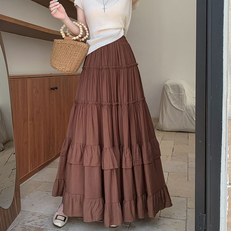 White Tiered Ruffle Hem Skirt High Waist Flowy A-Line Maxi Skirt, Summer Chiffon Layered Skirt with Pleats