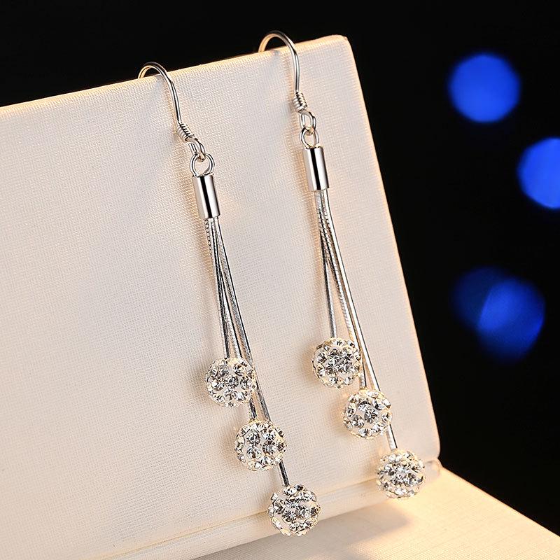 925 Sterling Silver Slim Long Tassel Rhinestone Ball Earrings for Women - Korean Fashion Dangle, Elegant & Versatile 925 Sterling Silver