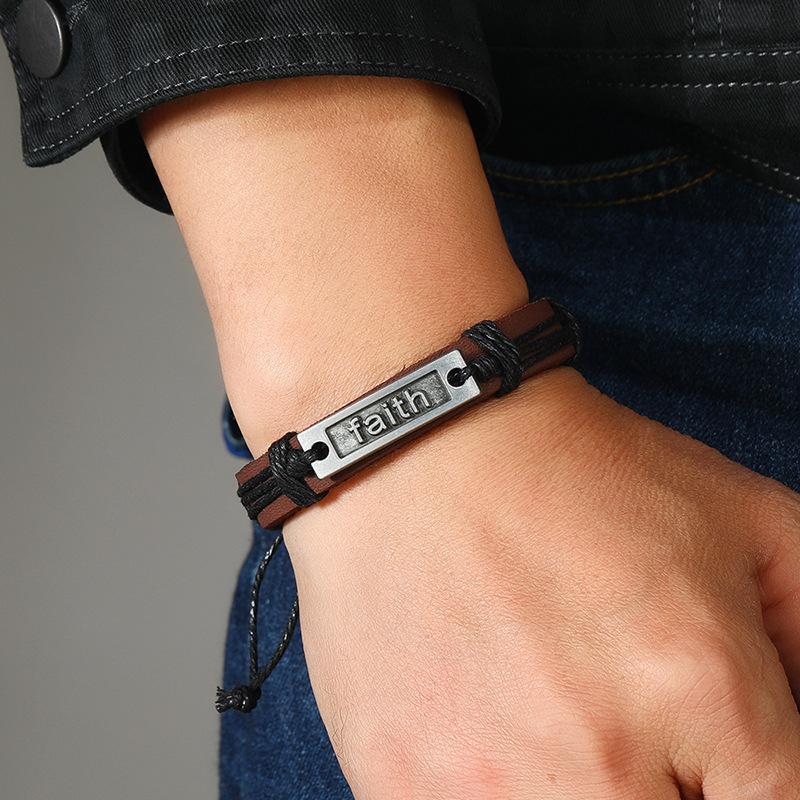 Retro Punk Metal Faith Bracelet Hand Woven Cowhide Leather Adjustable Bracelet Simple Christian Accessories Unisex  Gift