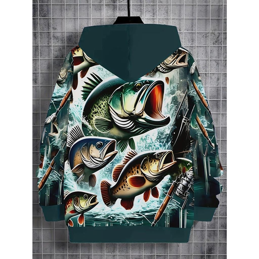 Boys' hooded pullover - long sleeved casual hoodie with dark green fishing bait pattern