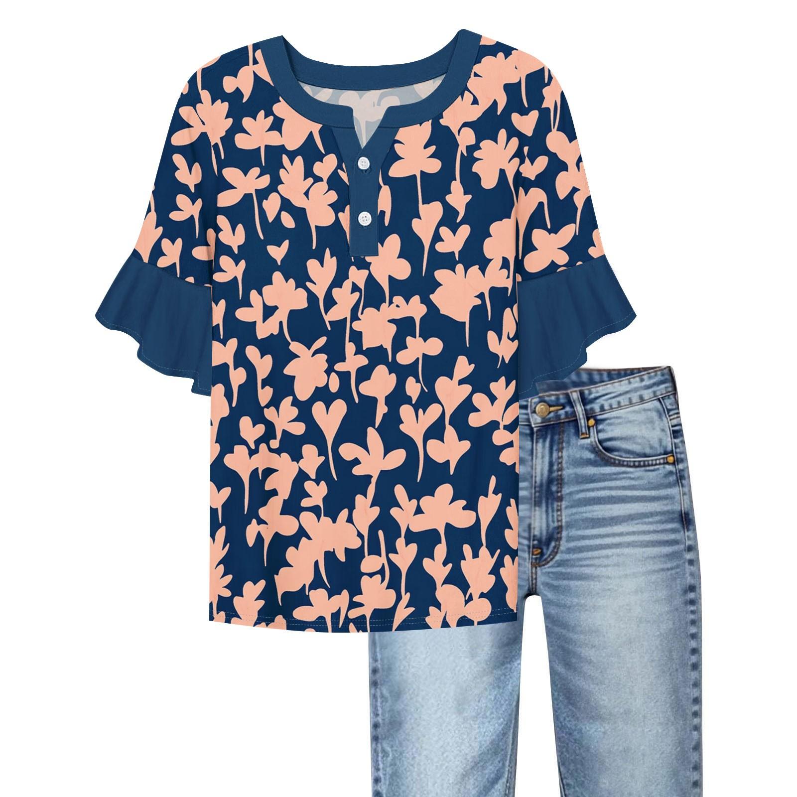 

Women s Casual Fashion V-neck Ruffled Sleeves Loose Versatile Color Short Sleeves L