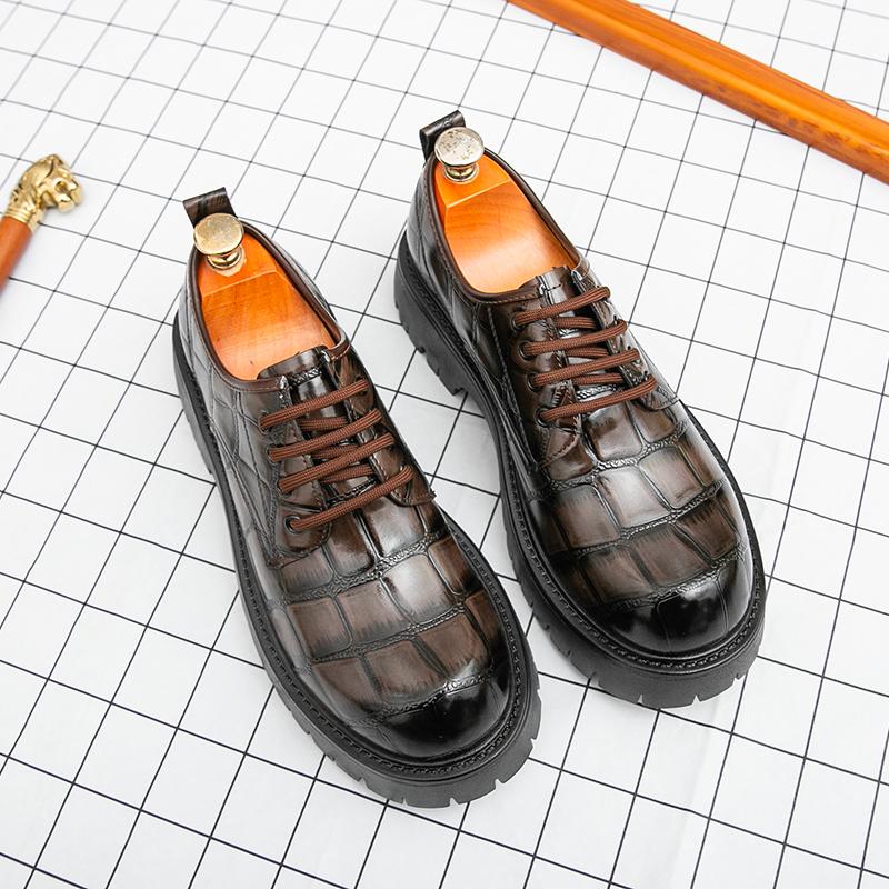 

Fashion Spring Fashion Men Crocodile Leather Comfortable Thick Bottom Derby Shoes New Men s Retro Lace Up Business Casual Leather Shoes 46 коричневый